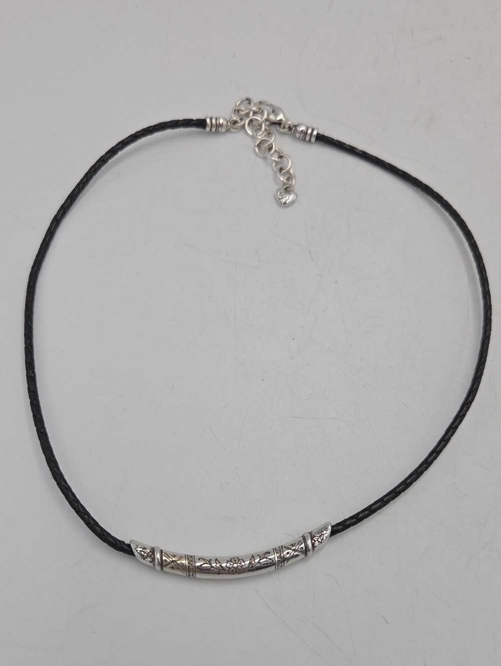 Brighton City Etched Silver-Tone Tube Pendant Black Leather Cord Necklace